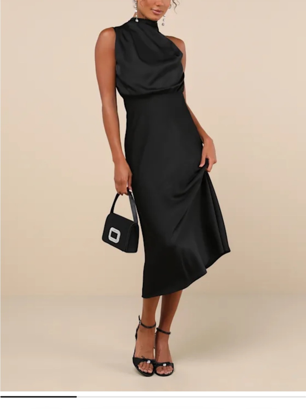 Lulu's Black Satin High-Neck Midi Dress